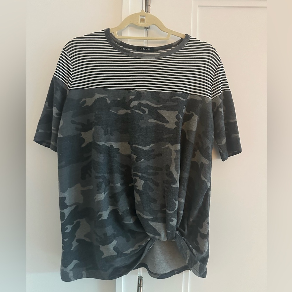 BLVD Camo/Striped Print Top